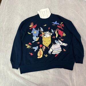 Basic Editions vintage Dark Blue Turtleneck fall style with kitten and birds